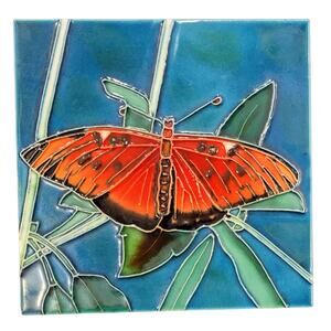 Orange Butterfly hand painted ceramic art tile trivet 6 x 6 inches